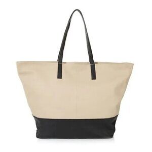 Clever Carriage Company Leather Shoulder Tote Bag Beige & Black 22"Wx14.5"Hx6"D